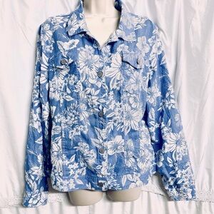 C&C California Pure Linen Indigo Floral Party Resort Button-Down Light Jacket XL